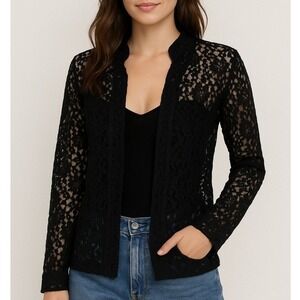 Tudor‎ Court Lace Blazer Women MEDIUM Black Floral Goth Vintage Open Front Retro